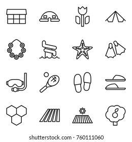 Thin line icon set : market, dome house, perishable, tent, hawaiian wreath, aquapark, starfish, flippers, diving mask, tennis, slippers, honeycombs, field, garden