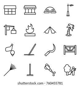 Thin line icon set : market, dome house, outdoor light, loading, flammable, tent, palm, golf, rake, sickle, farm fence, blower, garden cleaning