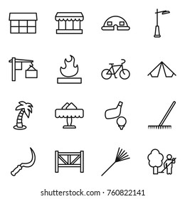 Thin line icon set : market, dome house, outdoor light, loading, flammable, bike, tent, palm, restaurant, golf, rake, sickle, farm fence, garden cleaning