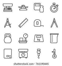 Thin line icon set : market scales, weight, stopwatch, draw compass, ruler, measuring tape, drawing compasses, heavy, warehouse, cup, kitchen, handle, thermometer
