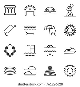 Thin line icon set : market, barn, dome house, tourist, suitcase, lounger, sun, hawaiian wreath, pool, restaurant, jet ski, inflatable, slippers, field