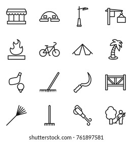Thin line icon set : market, dome house, outdoor light, loading, flammable, bike, tent, palm, golf, rake, sickle, farm fence, blower, garden cleaning