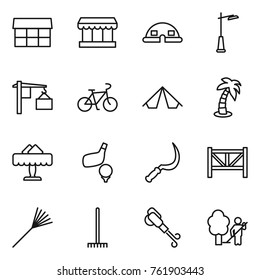 Thin line icon set : market, dome house, outdoor light, loading, bike, tent, palm, restaurant, golf, sickle, farm fence, rake, blower, garden cleaning
