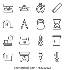 Thin line icon set : market scales, stopwatch, ruler, measuring tape, drawing compasses, heavy, sand clock, warehouse, thermometer, cup, kitchen, handle