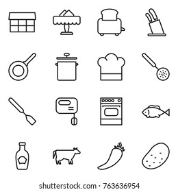 Thin line icon set : market, restaurant, toaster, stands for knives, pan, cook hat, skimmer, spatula, mixer, oven, fish, ketchup, cow, hot pepper, potato