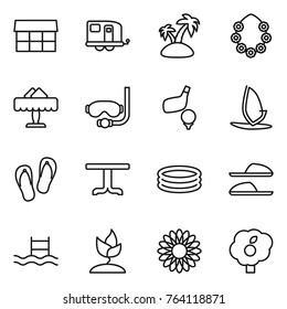 Thin line icon set : market, trailer, island, hawaiian wreath, restaurant, diving mask, golf, windsurfing, flip flops, table, inflatable pool, slippers, sprouting, flower, garden