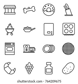 Thin line icon set : market, bone, donut, stands for knives, bbq, pan, kitchen scales, hob, oven, food processor, plates, sieve, croissant, grape, pills bottle, potato