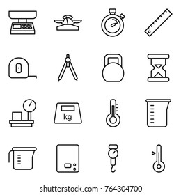 Thin line icon set : market scales, stopwatch, ruler, measuring tape, drawing compasses, heavy, sand clock, warehouse, thermometer, cup, kitchen, handle