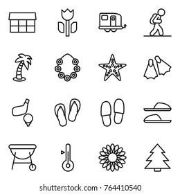 Thin line icon set : market, perishable, trailer, tourist, palm, hawaiian wreath, starfish, flippers, golf, flip flops, slippers, bbq, thermometer, flower, spruce