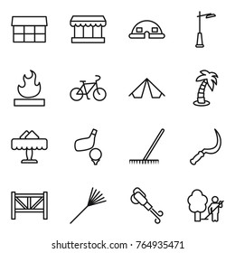 Thin line icon set : market, dome house, outdoor light, flammable, bike, tent, palm, restaurant, golf, rake, sickle, farm fence, blower, garden cleaning