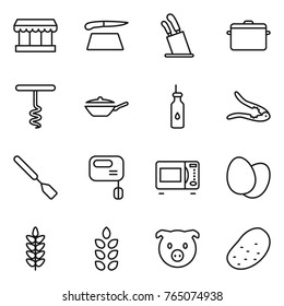 Thin line icon set : market, cutting board, stands for knives, pan, corkscrew, vegetable oil, walnut crack, spatula, mixer, microwave oven, eggs, spikelets, pig, potato