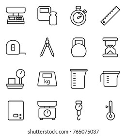 Thin line icon set : market scales, weight, stopwatch, ruler, measuring tape, drawing compasses, heavy, sand clock, warehouse, cup, kitchen, handle, thermometer