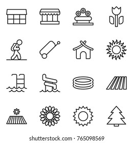 Thin line icon set : market, flower bed, perishable, tourist, suitcase, bungalow, sun, pool, aquapark, inflatable, field, spruce