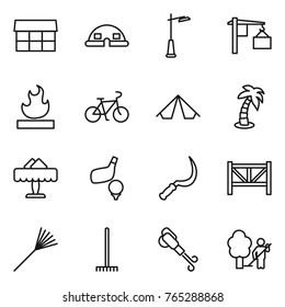 Thin line icon set : market, dome house, outdoor light, loading, flammable, bike, tent, palm, restaurant, golf, sickle, farm fence, rake, blower, garden cleaning