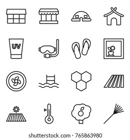 Thin line icon set : market, dome house, bungalow, uv cream, diving mask, flip flops, flower in window, cooler fan, pool, honeycombs, field, thermometer, garden, rake