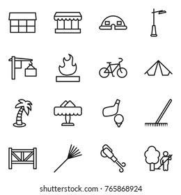 Thin line icon set : market, dome house, outdoor light, loading, flammable, bike, tent, palm, restaurant, golf, rake, farm fence, blower, garden cleaning