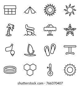 Thin line icon set : market, tent, sun, palm, aquapark, restaurant, starfish, golf, windsurfing, flip flops, table, inflatable pool, honeycombs, thermometer