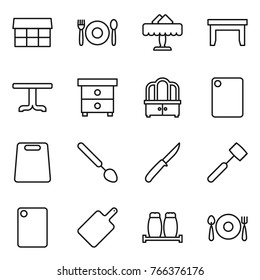 Thin line icon set : market, cafe, restaurant, table, nightstand, dresser, cutting board, big spoon, knife, meat hammer, salt pepper, fork plate
