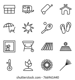 Thin line icon set : market, trailer, suitcase, bungalow, lounger, sun, tennis, flip flops, flower in window, bbq, field, thermometer, sprouting, rake