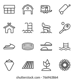 Thin line icon set : market, barn, trailer, suitcase, bungalow, pool, aquapark, tennis, jet ski, inflatable, slippers, berry, field, sprouting, flower