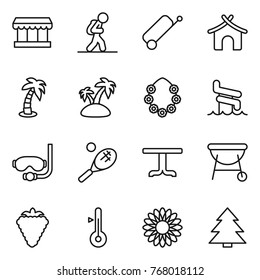 Thin line icon set : market, tourist, suitcase, bungalow, palm, island, hawaiian wreath, aquapark, diving mask, tennis, table, bbq, berry, thermometer, flower, spruce