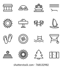 Thin line icon set : market, dome house, flower bed, lounger, sun, restaurant, palm hammock, windsurfing, flip flops, cooler fan, pool, bbq, field, spruce, clean window