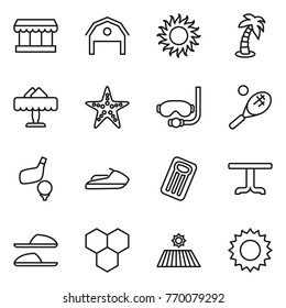 Thin line icon set : market, barn, sun, palm, restaurant, starfish, diving mask, tennis, golf, jet ski, inflatable mattress, table, slippers, honeycombs, field
