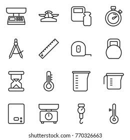 Thin line icon set : market scales, weight, stopwatch, draw compass, ruler, measuring tape, heavy, sand clock, thermometer, cup, kitchen, handle