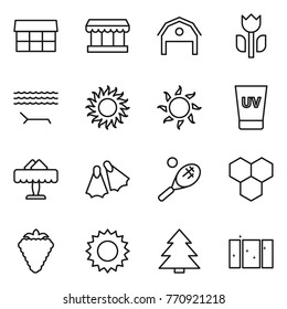 Thin line icon set : market, barn, perishable, lounger, sun, uv cream, restaurant, flippers, tennis, honeycombs, berry, spruce, clean window