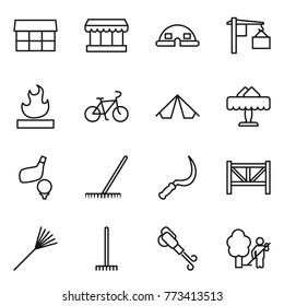 Thin line icon set : market, dome house, loading, flammable, bike, tent, restaurant, golf, rake, sickle, farm fence, blower, garden cleaning