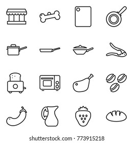 Thin line icon set : market, bone, cutting board, pan, saute, walnut crack, toaster, grill oven, chicken leg, coffee seeds, eggplant, jug, strawberry, bread