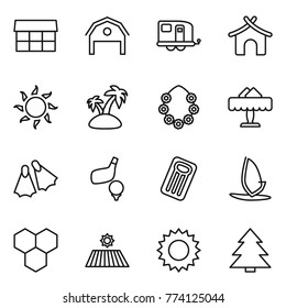 Thin line icon set : market, barn, trailer, bungalow, sun, island, hawaiian wreath, restaurant, flippers, golf, inflatable mattress, windsurfing, honeycombs, field, spruce