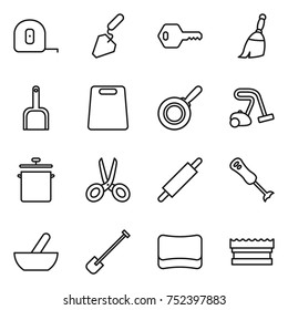 thin line icon set : measuring tape, construction, key, broom, scoop, cutting board, pan, vacuum cleaner, scissors, rolling pin, blender, mortar, shovel, sponge