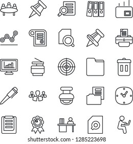 Thin Line Icon Set - medal vector, document search, pen, meeting, printer, clipboard, paper pin, clock, folder, monitor statistics, drawing, point graph, manager desk, binder, target, copier, stamp