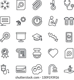 Thin Line Icon Set - medal vector, document search, graduate, crisis graph, heart, stethoscope, dropper, diagnostic, message, presentation board, paper clip, stamp, bathroom, credit card, omelette