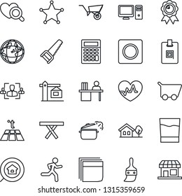 Thin Line Icon Set - medal vector, wheelbarrow, saw, picnic table, heart pulse, diagnostic, run, themes, record, identity card, hr, blank box, manager desk, house with tree, estate search, crane, pc