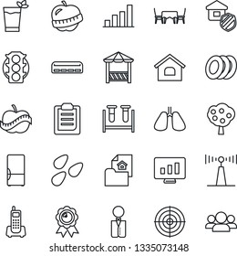 Thin Line Icon Set - medal vector, statistic monitor, seeds, blood test vial, lungs, diet, traffic light, office phone, antenna, clipboard, bar graph, target, house, fruit tree, estate document