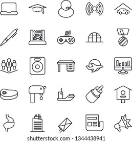 Thin Line Icon Set - medal vector, graduate, abacus, desk, statistic monitor, greenhouse, bird house, stomach, plane, support, sea shipping, gamepad, speaker, rca, news, notebook pc, pen, company