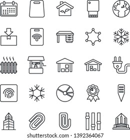 Thin Line Icon Set - medal vector, desk, well, plant label, earth, warehouse, package, settings, fingerprint id, paper clip, office building, pie graph, heater, cutting board, eco house, power plug