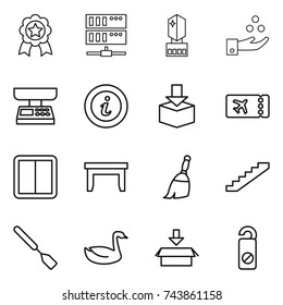 thin line icon set : medal, server, crystall memory, chemical industry, market scales, info, package, ticket, power switch, table, broom, stairs, spatula, goose, do not distrub