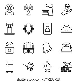 thin line icon set : medal, antenna, factory, real estate, airport tower, hawaiian wreath, identity card, service bell, unlocked, dresser, kettle, fridge, wheelbarrow, fire, construct garbage