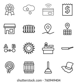 Thin line icon set : medal, cloude service, tap to pay, receipt, shop, fence, geo pin, map, route a b, sun, reception, pan, elecric oven, barrel, plunger, floor washing