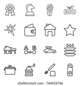 Thin line icon set : medal, chess horse, bulb, bio, bang, wallet, home, star, house with garage, route a to b, car baggage, plate washing, pan, hand mill, toilet brush, do not distrub
