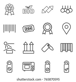 Thin line icon set : medal, bio, up down arrow, sale, bar code, ticket, geo pin, sun potection, cargo top sign, label, do not distrub, grill oven, please clean