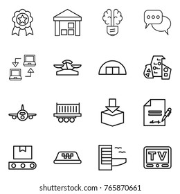 Thin line icon set : medal, warehouse, bulb brain, discussion, notebook connect, scales, hangare, modern architecture, plane, truck shipping, package, inventory, transporter tape, taxi, hotel, tv