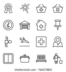 Thin line icon set : medal, bang, add to basket, delete cart, info, garage, smart house, pin, satellite, arrival, first aid, map, power switch, pan, spices, garbage bin