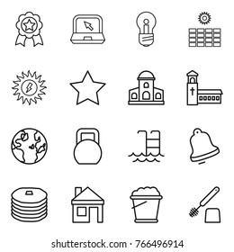 Thin line icon set : medal, notebook, bulb, sun power, star, mansion, church, globe, heavy, pool, bell, pancakes, house, foam bucket, toilet brush
