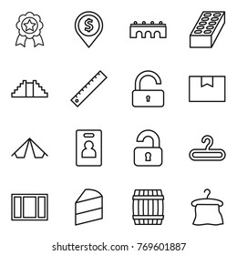 Thin line icon set : medal, dollar pin, bridge, brick, pyramid, ruler, unlock, package box, tent, identity card, unlocked, hanger, window, cake, barrel