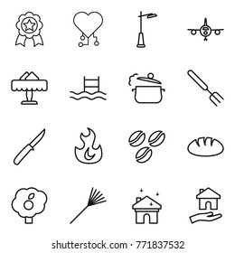 Thin line icon set : medal, cardio chip, outdoor light, plane, restaurant, pool, steam pan, big fork, knife, fire, coffee seeds, bread, garden, rake, house cleaning, housing