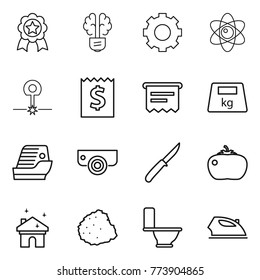 Thin line icon set : medal, bulb brain, gear, atom, laser, receipt, atm, heavy, cruise ship, surveillance camera, knife, tomato, house cleaning, pile of garbage, toilet, iron